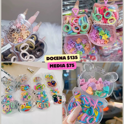 ligas con mini pinza en estuches de osito, codigo a59