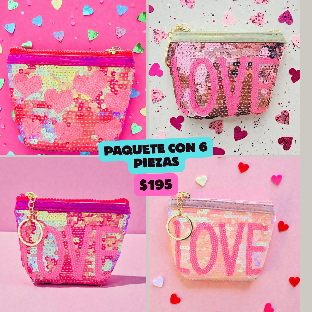 set de 6 monederos de lentejuela, de corazones, codigo a38