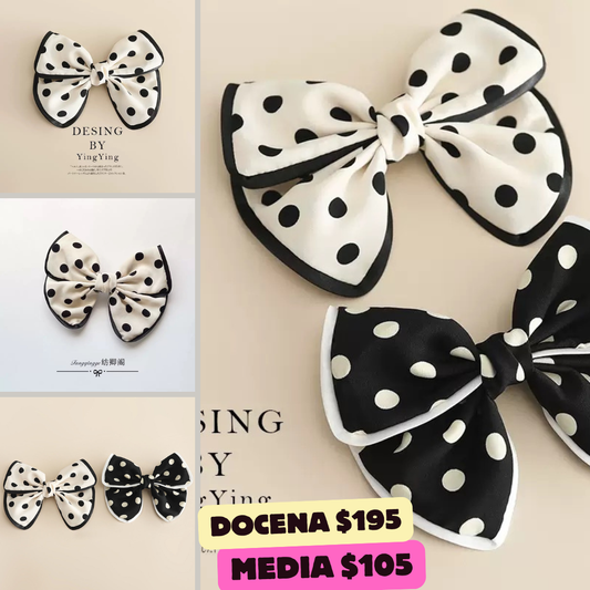 Moño blanco y negro mediano con bolitas, codigo a54