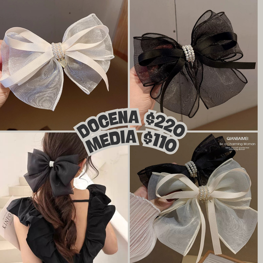 Moño blanco y negro con perla, codigo a27BIS