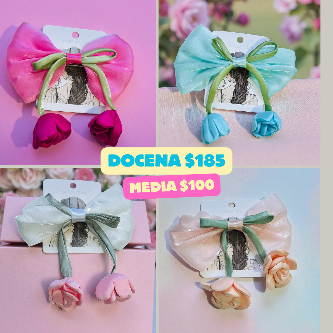 moño con flor colgante, tela transparente codigo a289