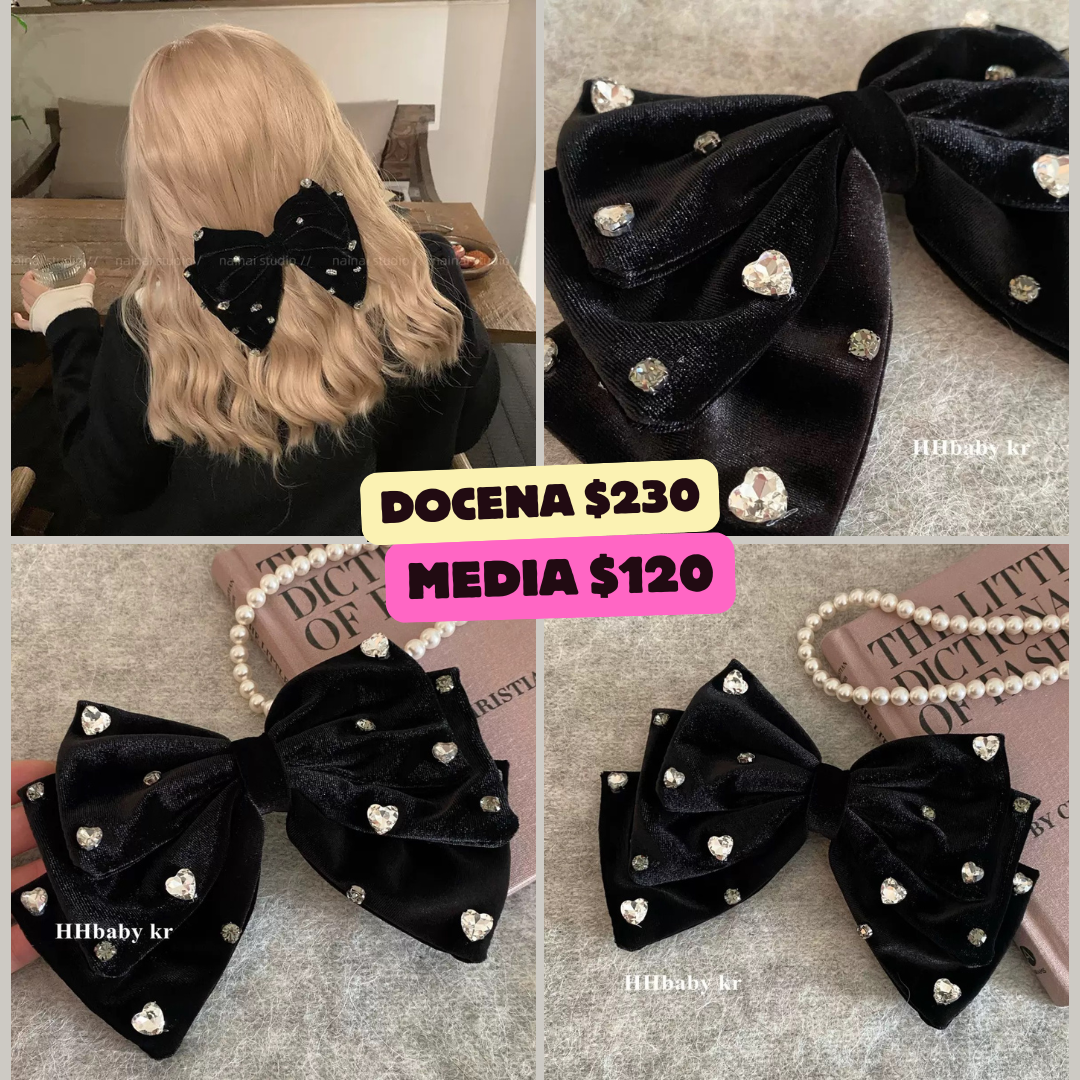 Moño negro terciopelo con piedras, codigo a165