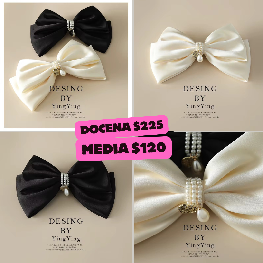 Moño beige y negro con perlas, codigo a194