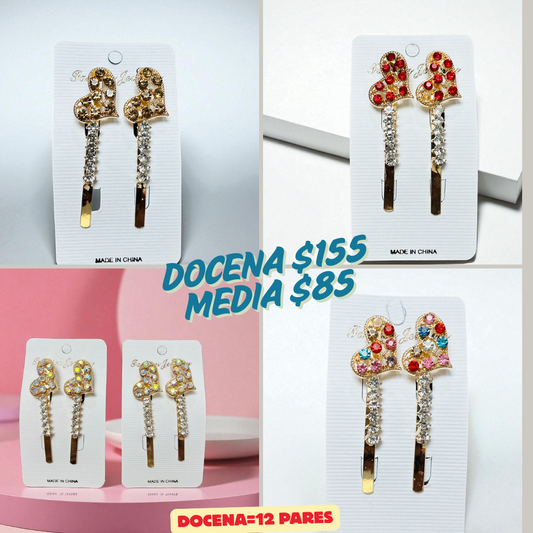 pasador corazon de metal con piedra, en pares, codigo a204