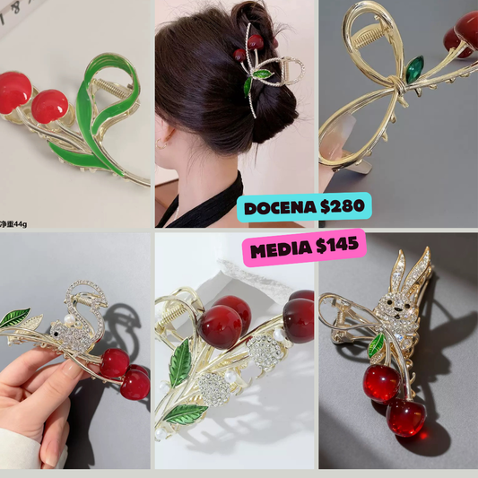 pinzas de metal, con pedrerías, cerezas, etc, codigo a161