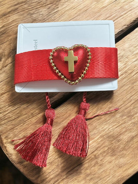 pulsera tejida, roja, acero inoxidable