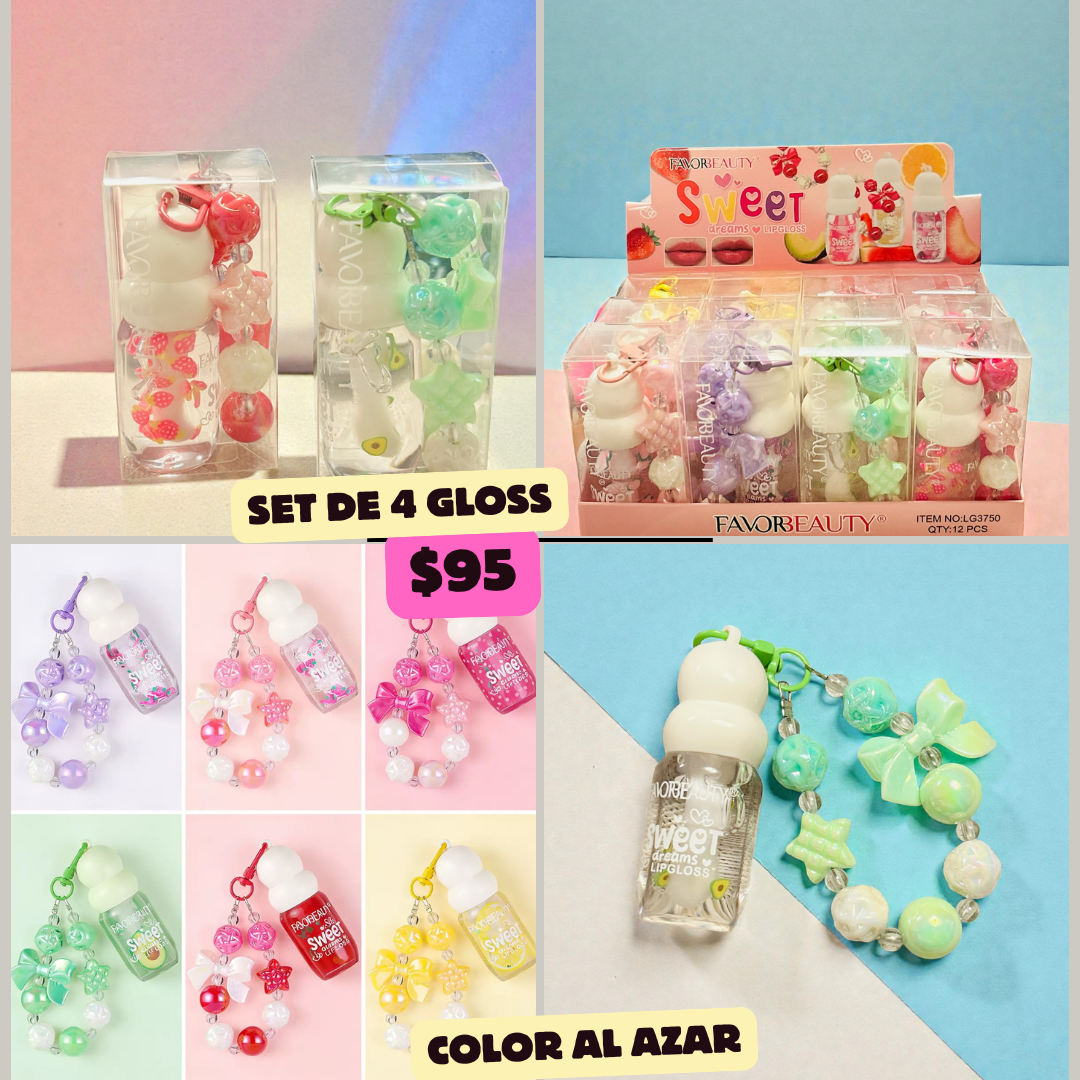 set de 4 gloss con llavero codigo a206