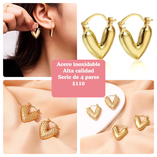 Arete corazon,acero inoxidable,juego de 4 pares,  alta calidad, codigo A306