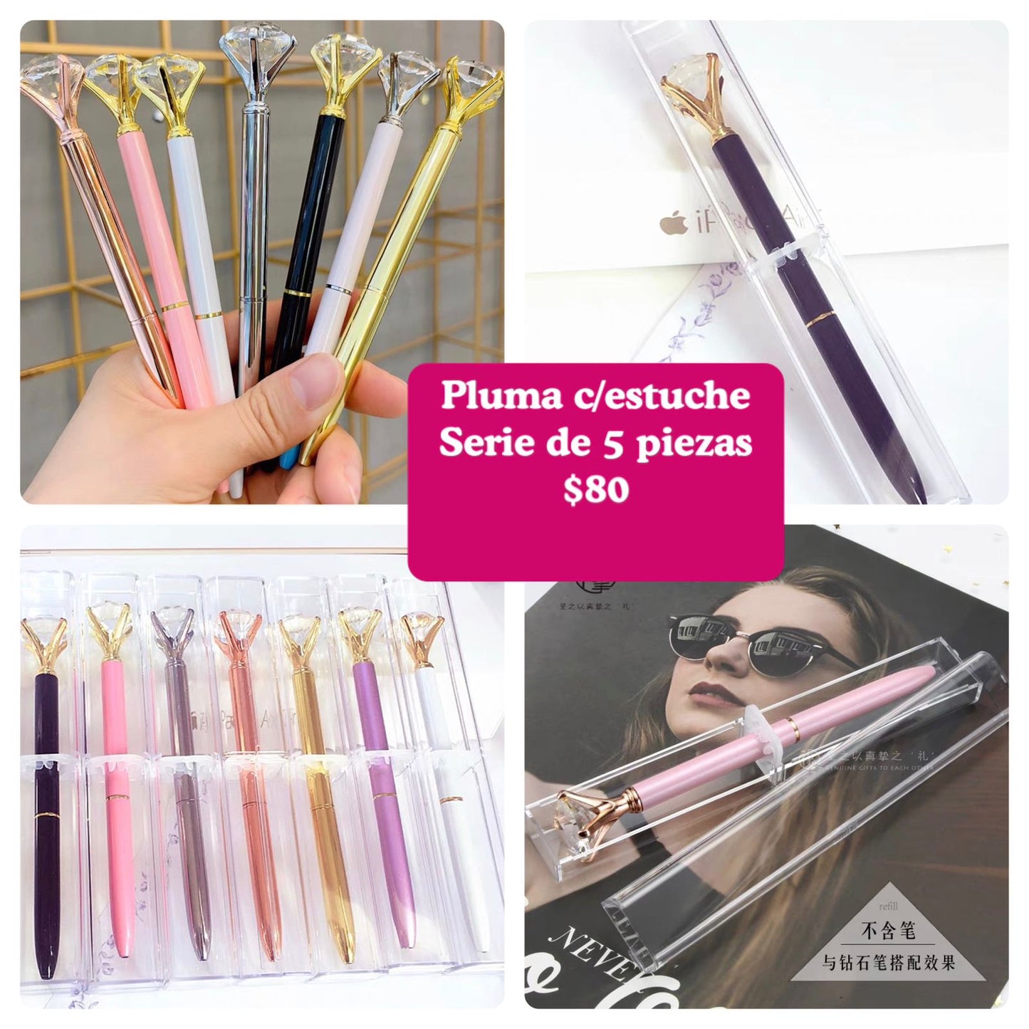 Serie de 5 plumas diamante, con estuche, codigo A67