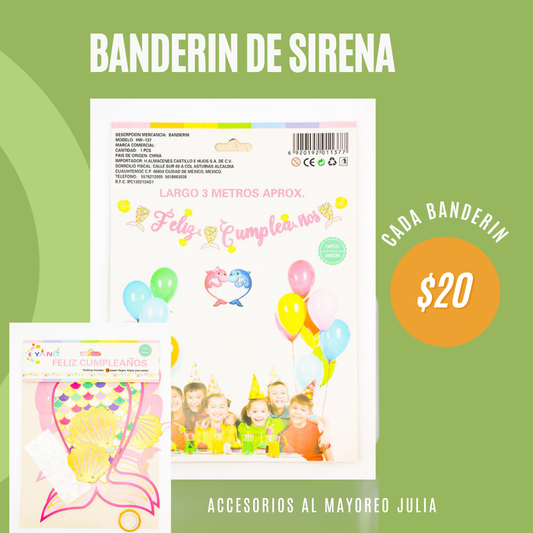 banderín de feliz cumpleaños, sirena, codigo a305