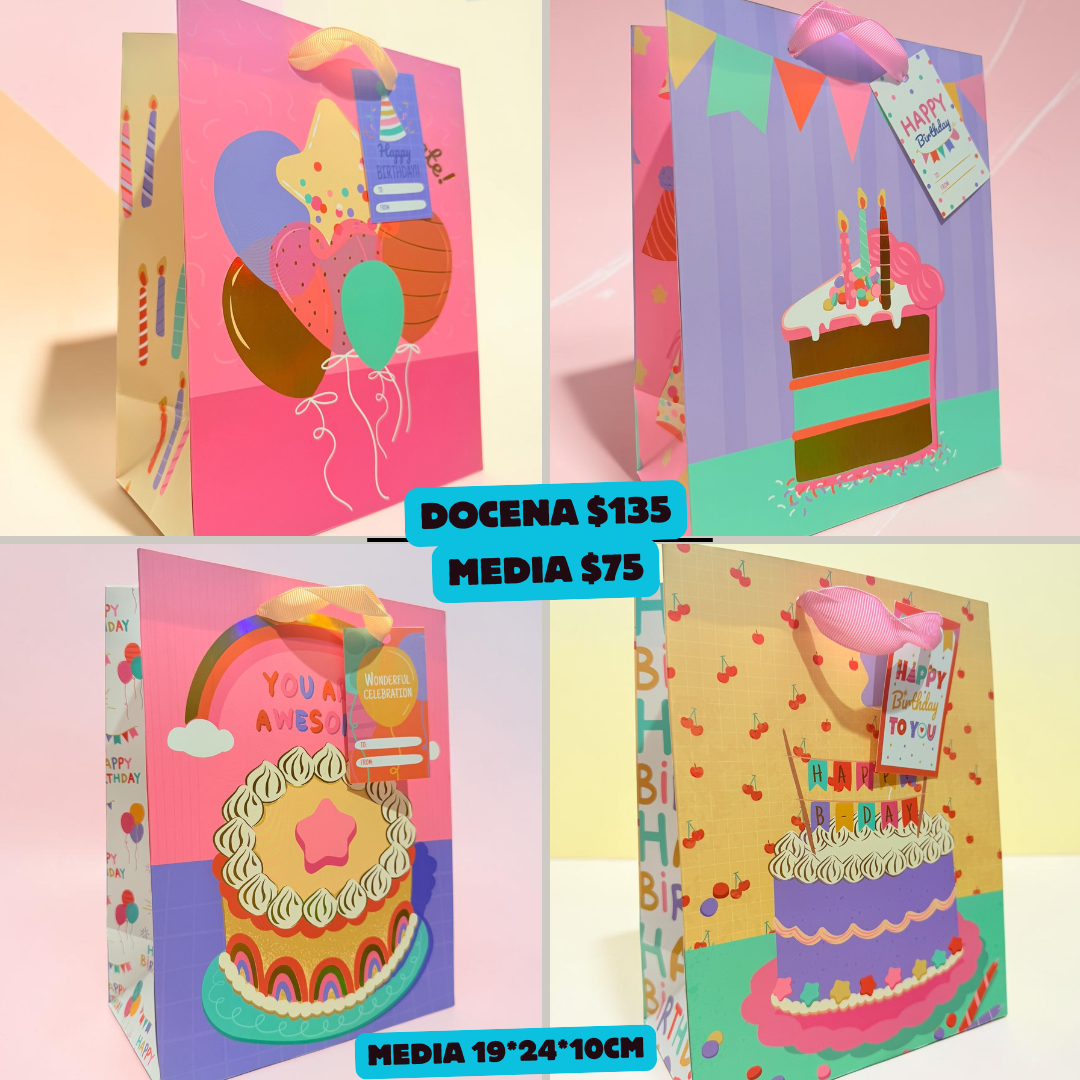 bolsa feliz cumple tonos pastel, medida 19*24*10 cm, codigo a911