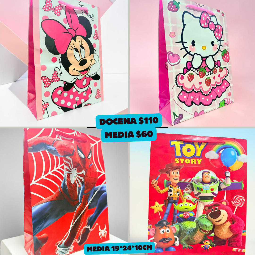 bolsa de personajes mini, Spiderman etc, medida 19*24*10 cm, codigo a913