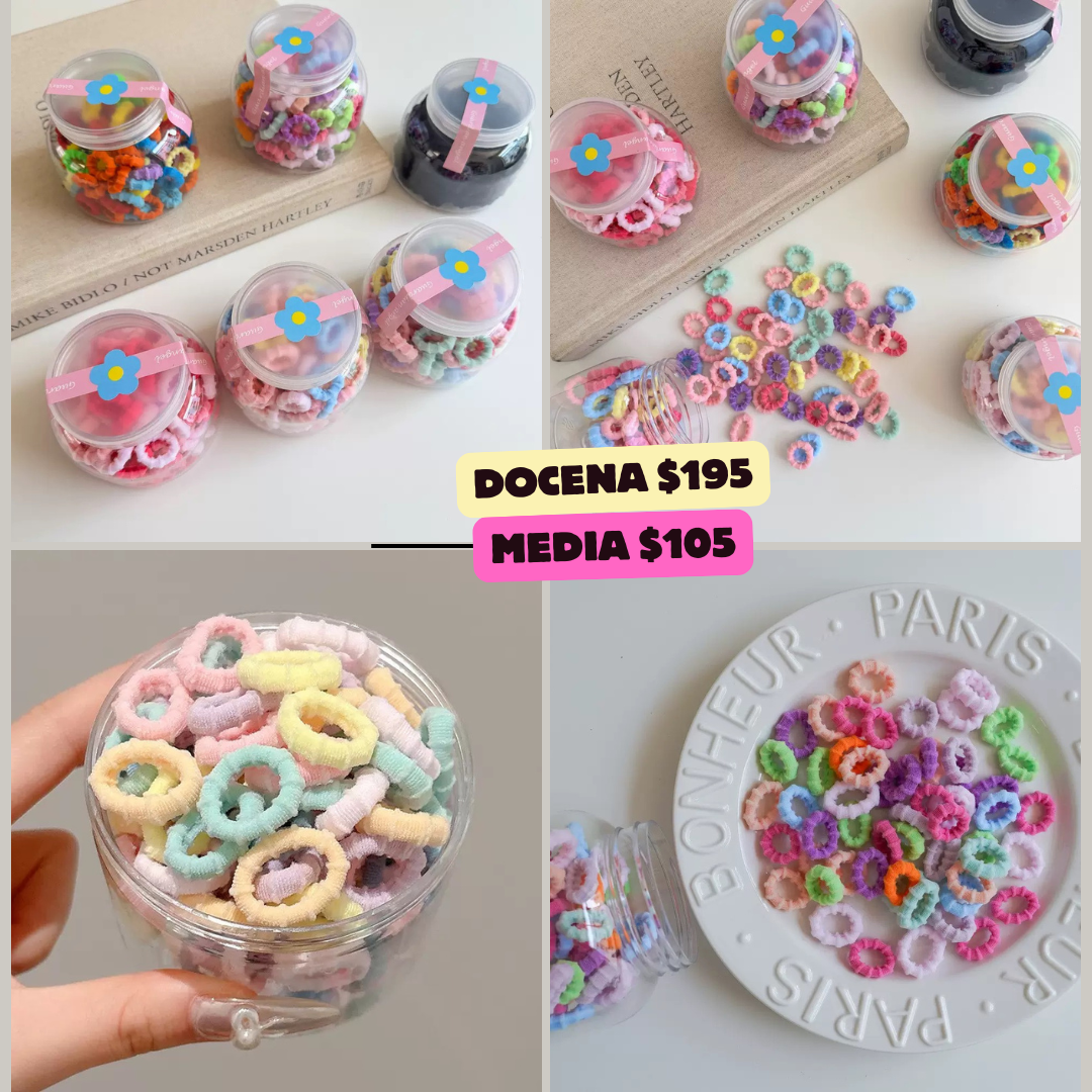 ligas minis con diseño, en botes, variedad de colores, codigo a212bis