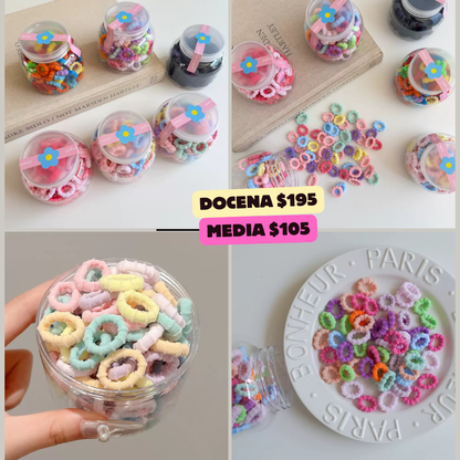 ligas minis con diseño, en botes, variedad de colores, codigo a212bis