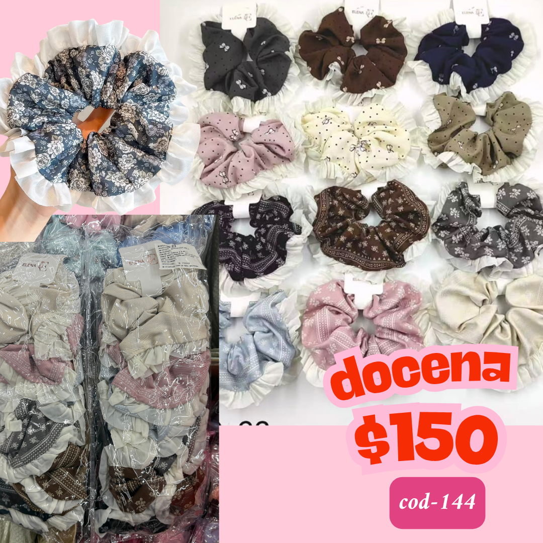 scrunchie con tejido en orilla, docena, codigo a144