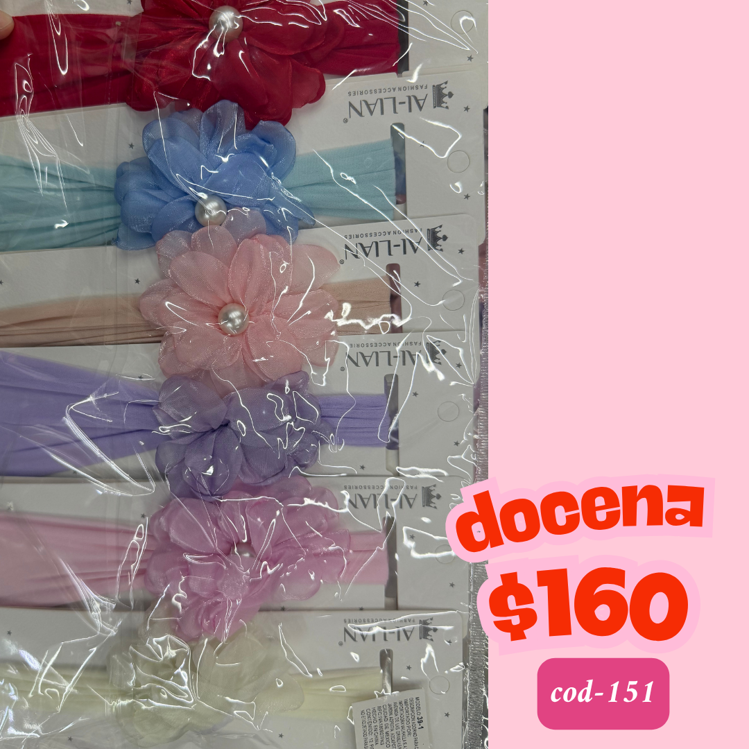 banda para bebe de flor con perla, docena, codigo a151