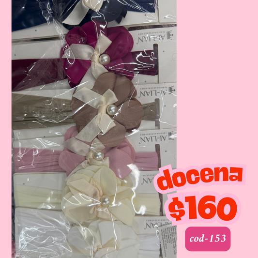 banda para bebe de flor con perla y moños, docena, codigo a153