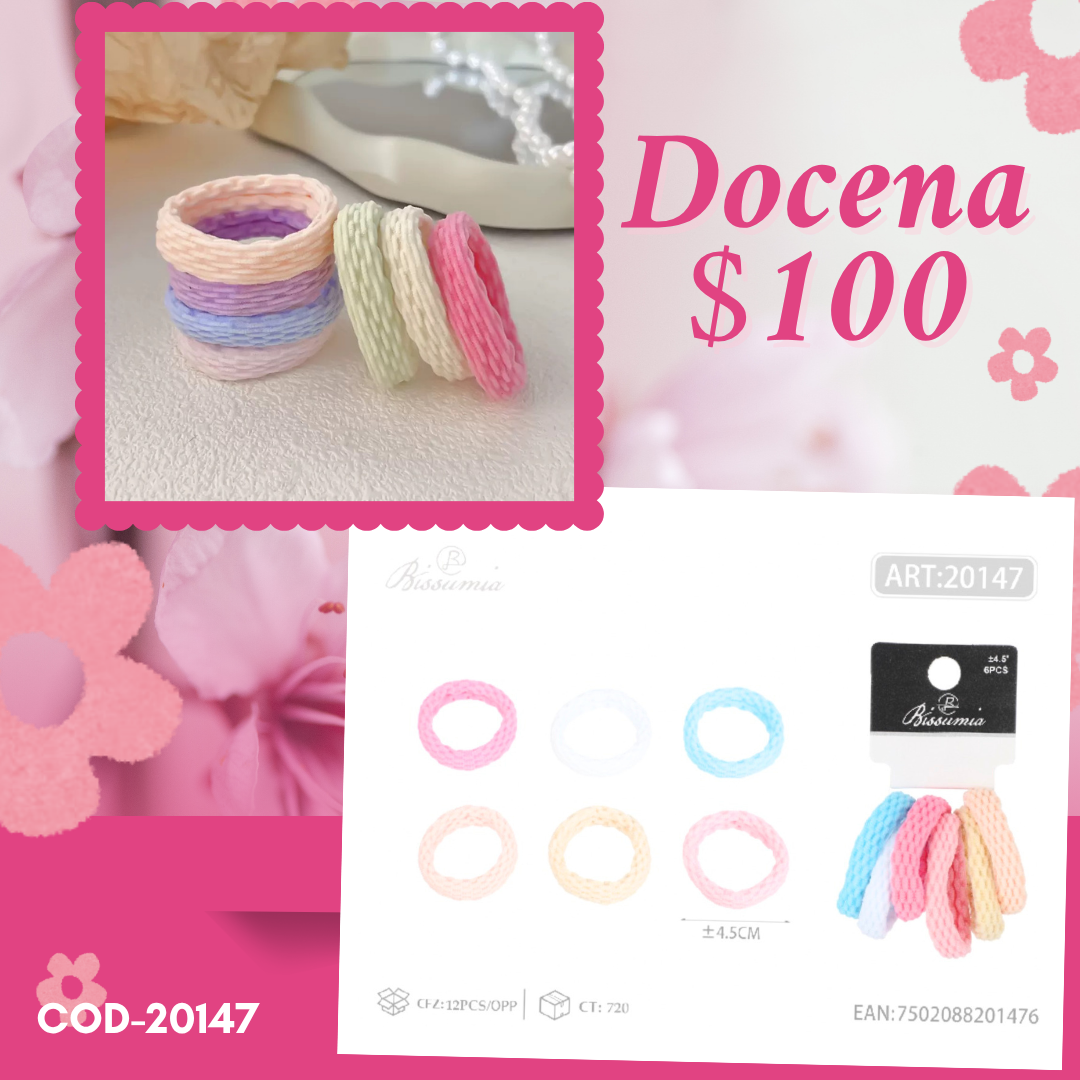 set de ligas con textura de 4.5 cm de diametro, tonos rosas, docena, codigo 20147