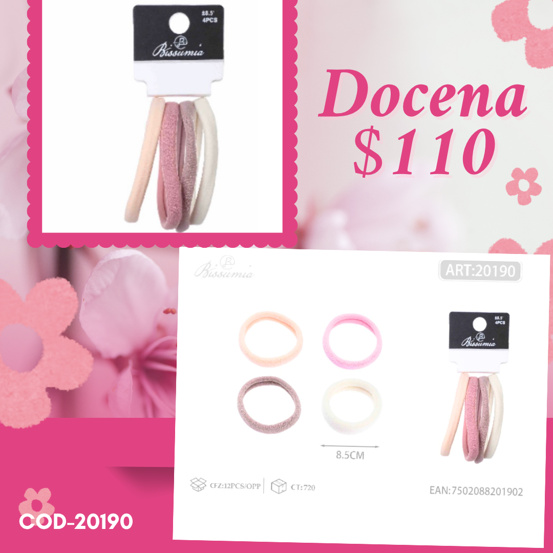 ligas en tonos rosas de 8.5 cm, 12 sets, codigo 20190