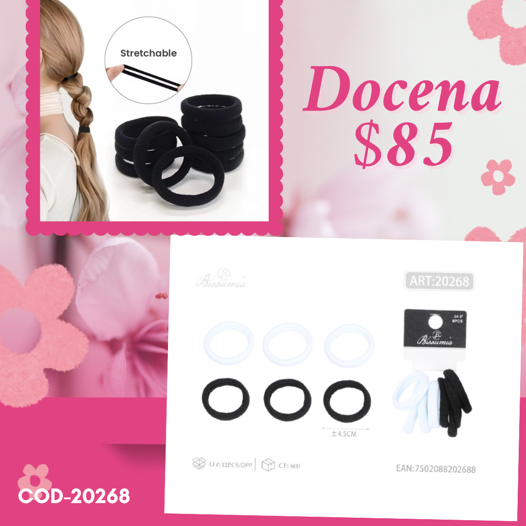 set de ligas negras con blanco de 4.5 cm, 12 sets, codigo 20268