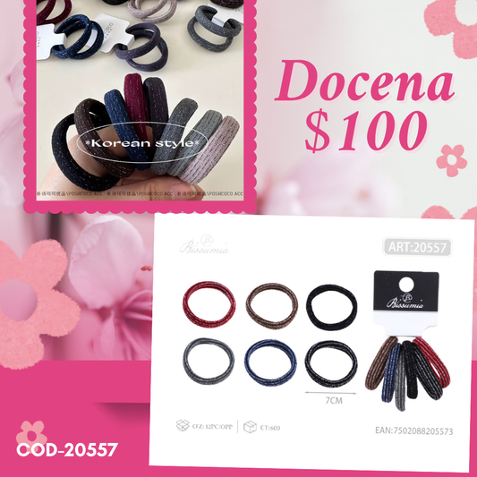 set de ligas de colores obscuros con brillos, liga de 7cm, codigo 20557