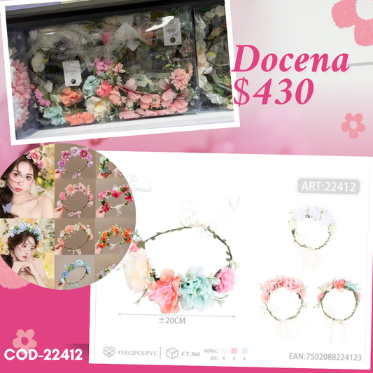 diadema de flores, docena, codigo 22412