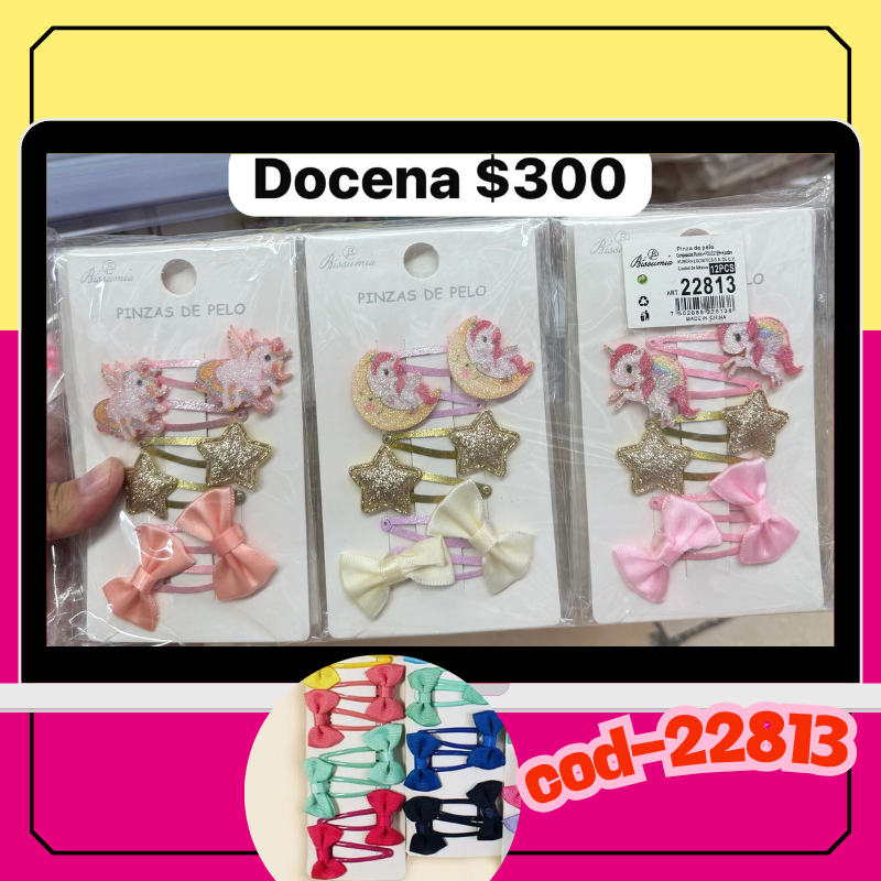 set de pasadores de unicornio con estrella y moños, docena codigo 22813