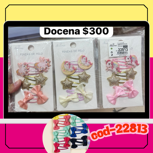 set de pasadores de unicornio con estrella y moños, docena codigo 22813