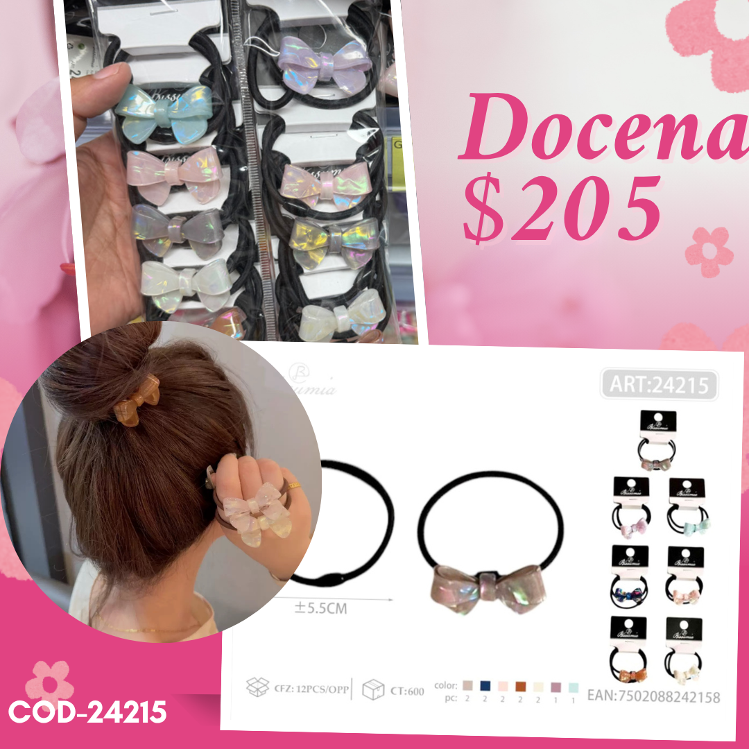 ligas con moño de acrílico, docena, codigo 24215