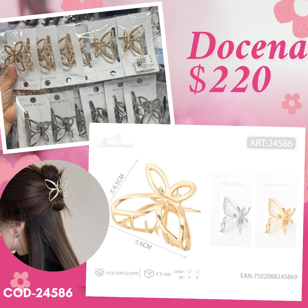 pinza mariposa en plata y dorado, docena, codigo 24586