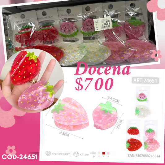 pinza de acrilico en pares, de fresas y sandias, docena, codigo 24651