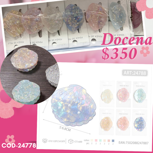 pinza de concha de mar de acrilico con perlas, docena, codigo 24778