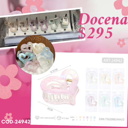 pinza de acrilico de corazon de colores, codigo 24942