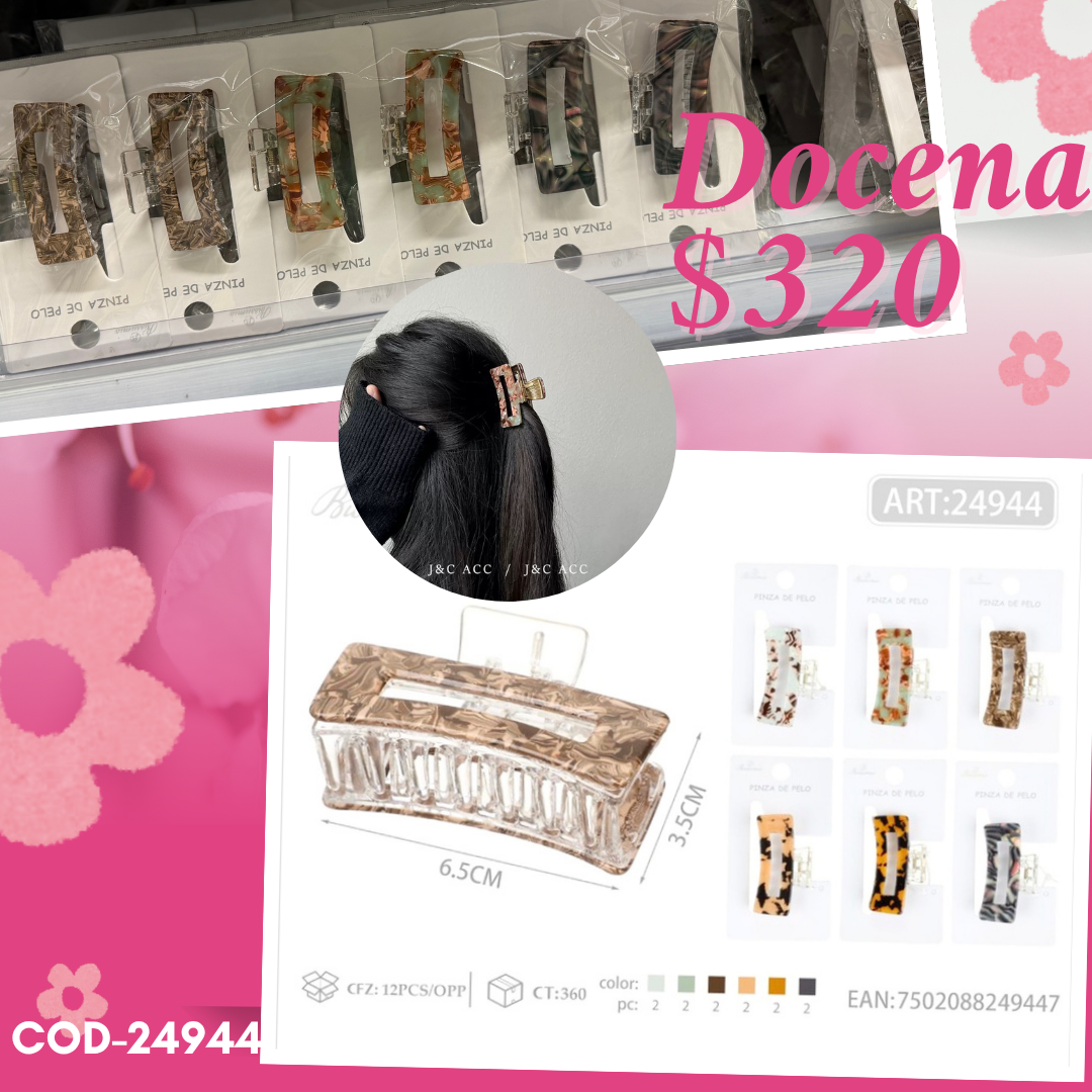 pinza rectangulo con diseño de manchas, acrilico, docena, codigo 24944