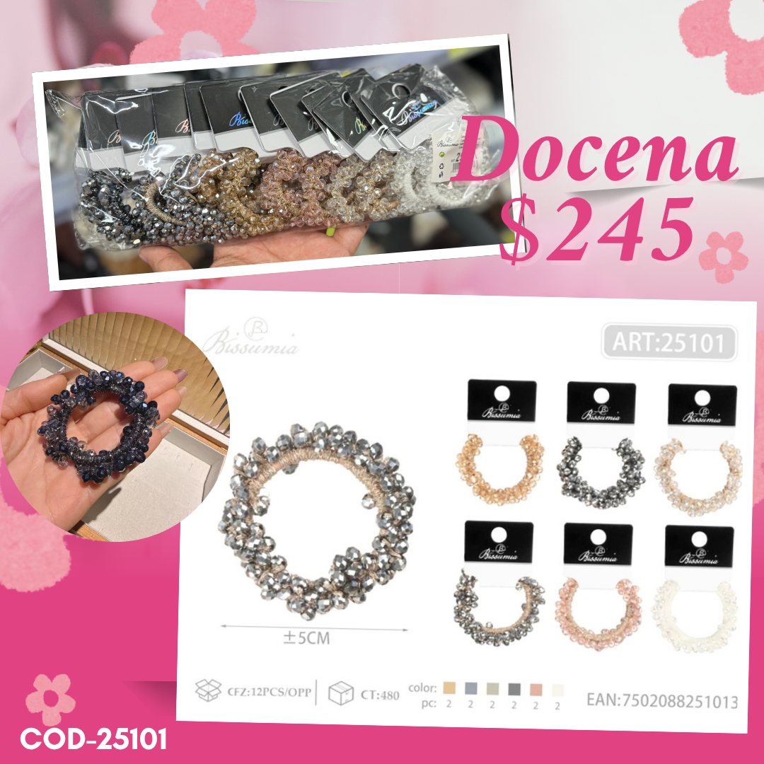 liga con pedrería, tonos variados, docena, codigo 25101