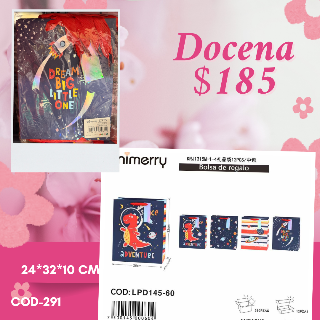 bolsa de regalo de cohete y dinosaurio, mide 24*32*1o cm, codigo a291