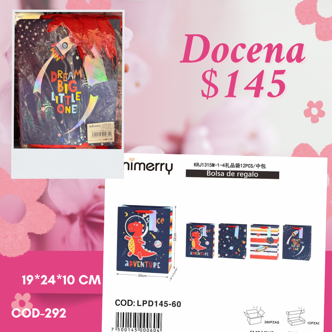 bolsa de regalo de dinosaurios y cohete, mide 19*24*10 cm, codigo a292