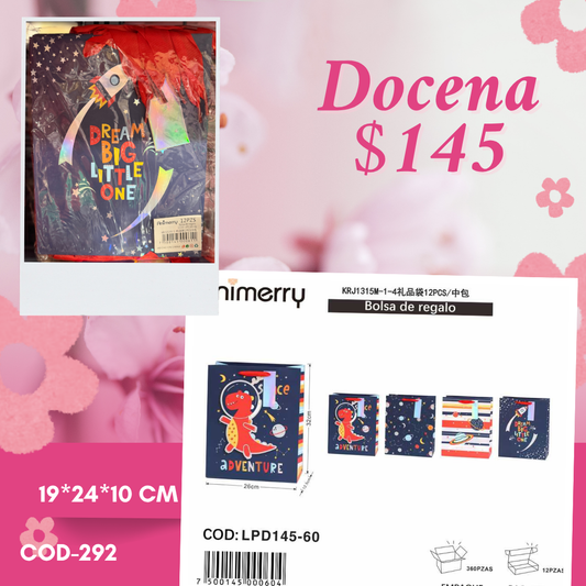 bolsa de regalo de dinosaurios y cohete, mide 19*24*10 cm, codigo a292