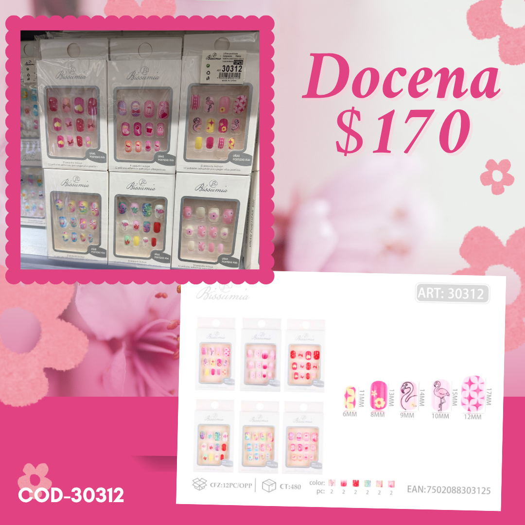 uñas infantiles con decoracion , docena, codigo 30312