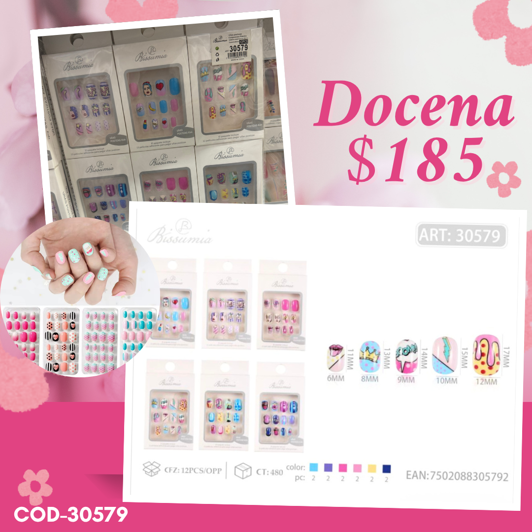 uñas de niñas con decoracion, docena, codigo 30579