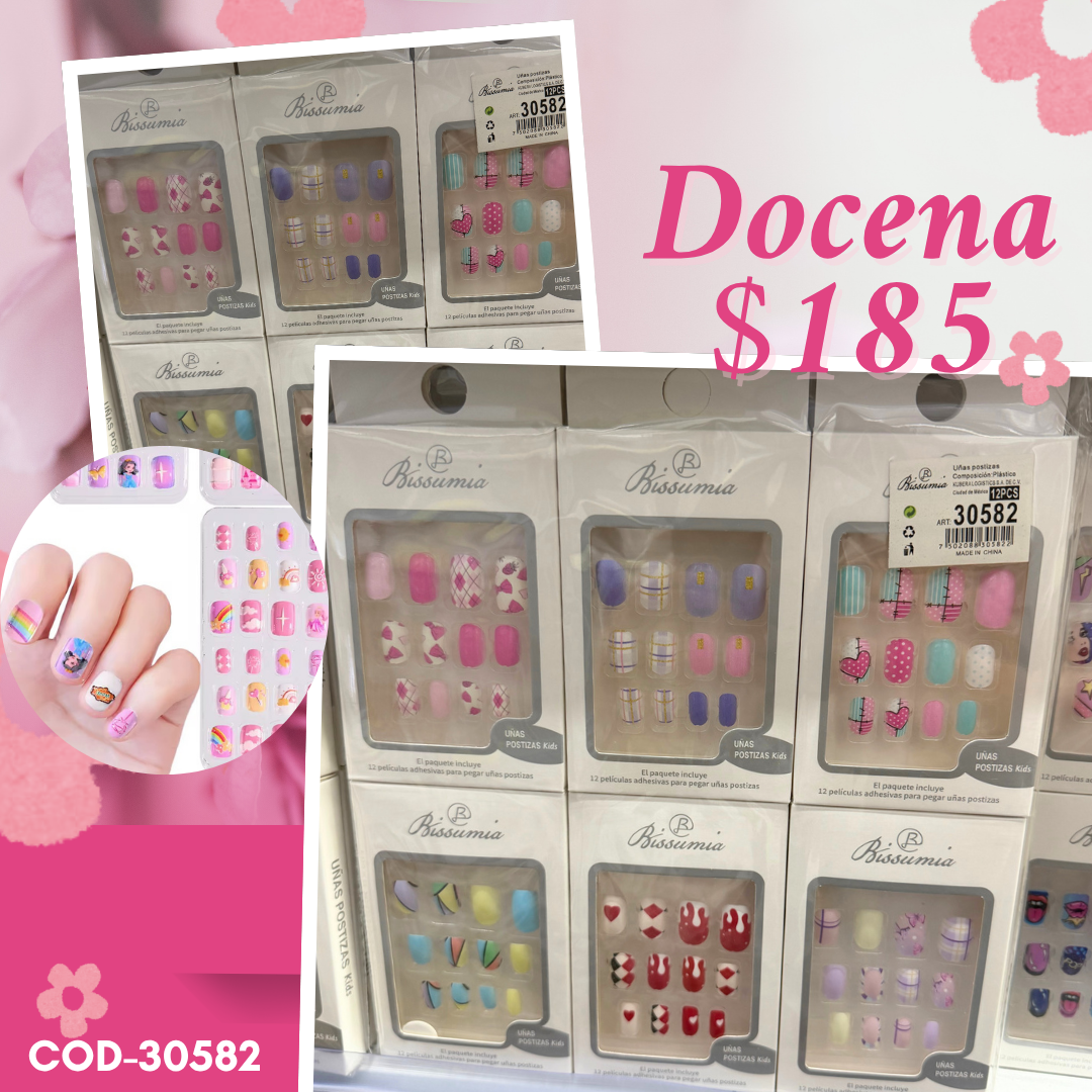 uñas infantiles con decoracion, docena, codigo 30582