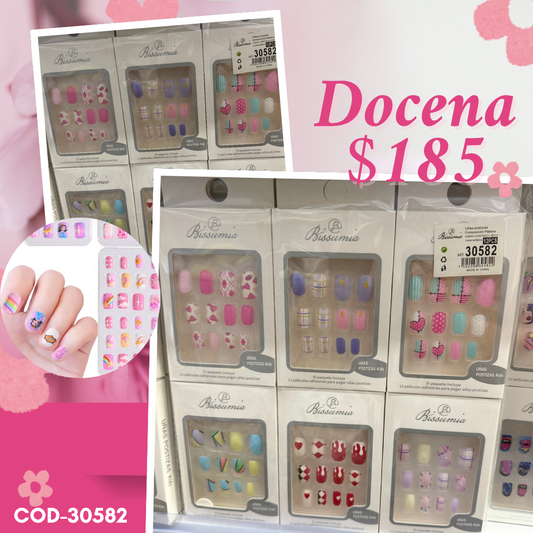 uñas infantiles con decoracion, docena, codigo 30582