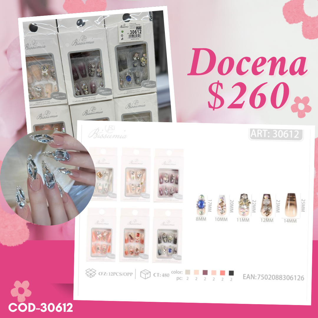 uñas con pedrería, postizas, docena, codigo 30612