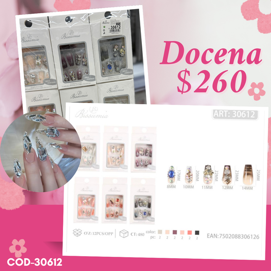 uñas con pedrería, postizas, docena, codigo 30612