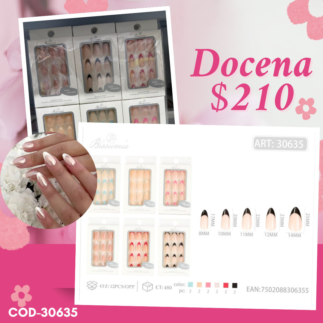 uña postiza con decoración francesa, docena, codigo 30635