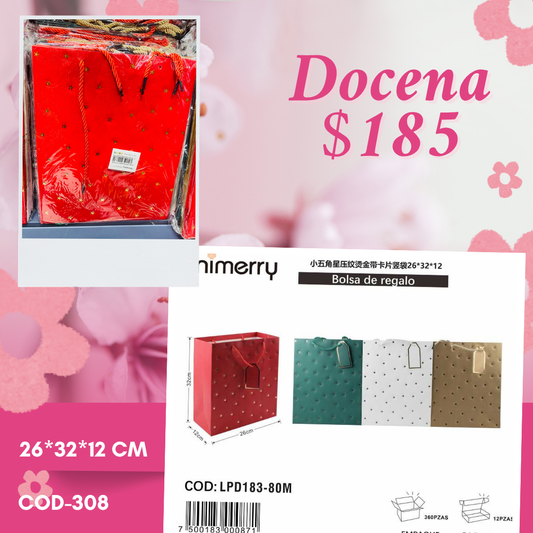bolsa de regalo con estrellas, mide 26*32*12 cm, codigo a308