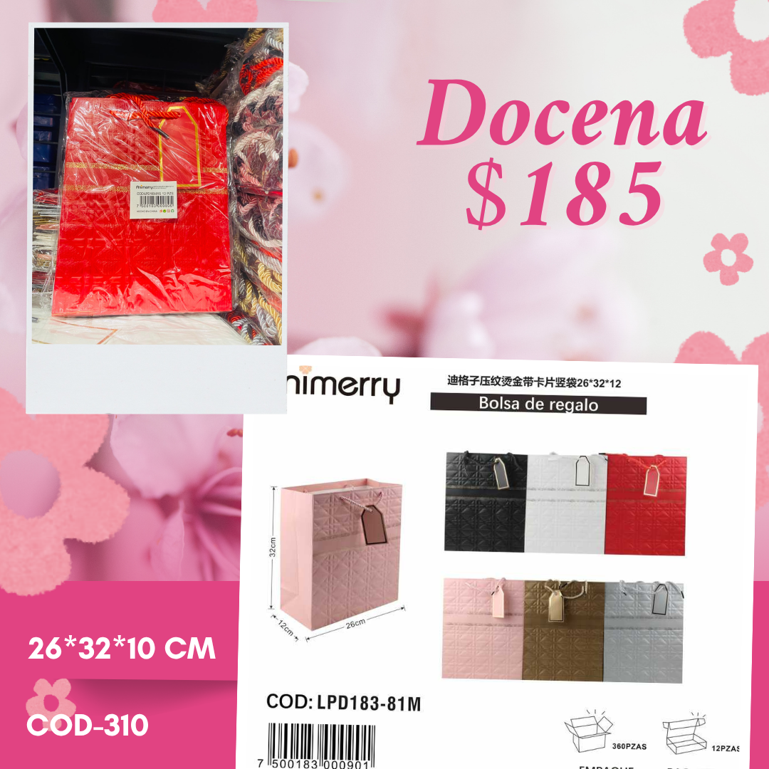 bolsa de regalo con diseño marcado suave, mide 26*32*10 cm, codigo a310