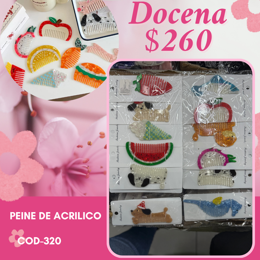peines de acrilico de animales y frutas, docena, codigo a320
