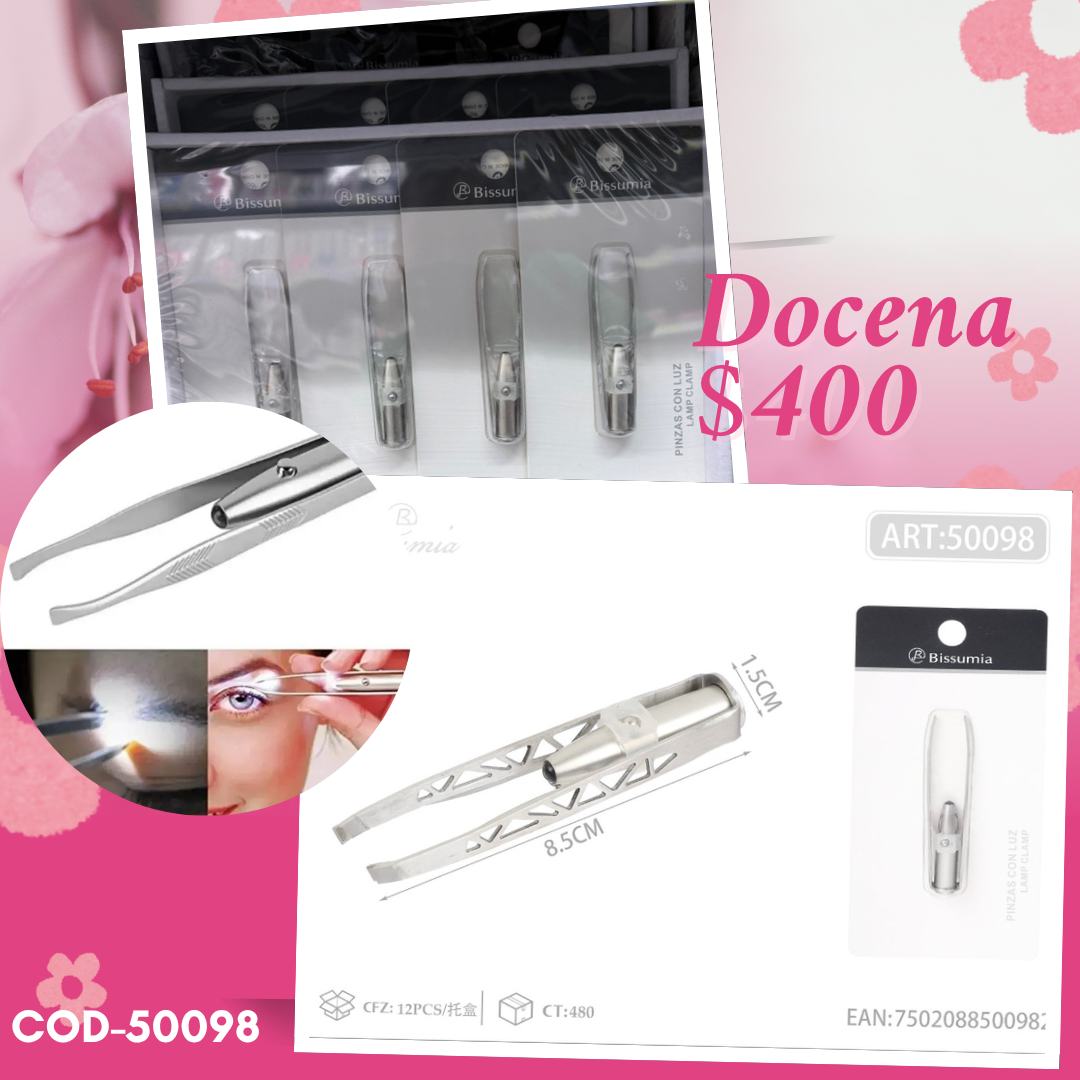 pinza para ceja con luz, docena, codigo 50098