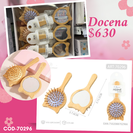 cepillo de madera de gatito con espejo, docena, codigo 70296